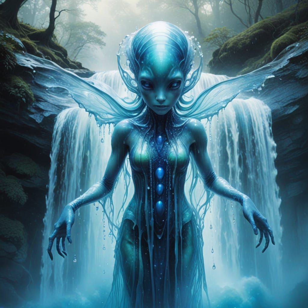 Surreal Blue Water Spirit Emerging from Whirling Waterfalls