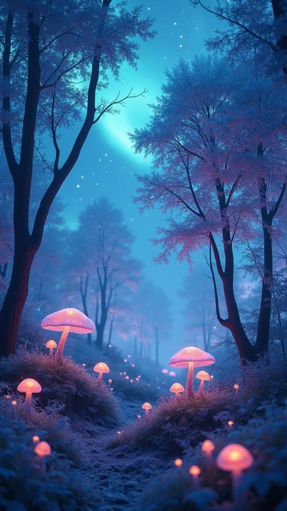 Glowing Forest Under Aurora Sky: Fantasy Landscape