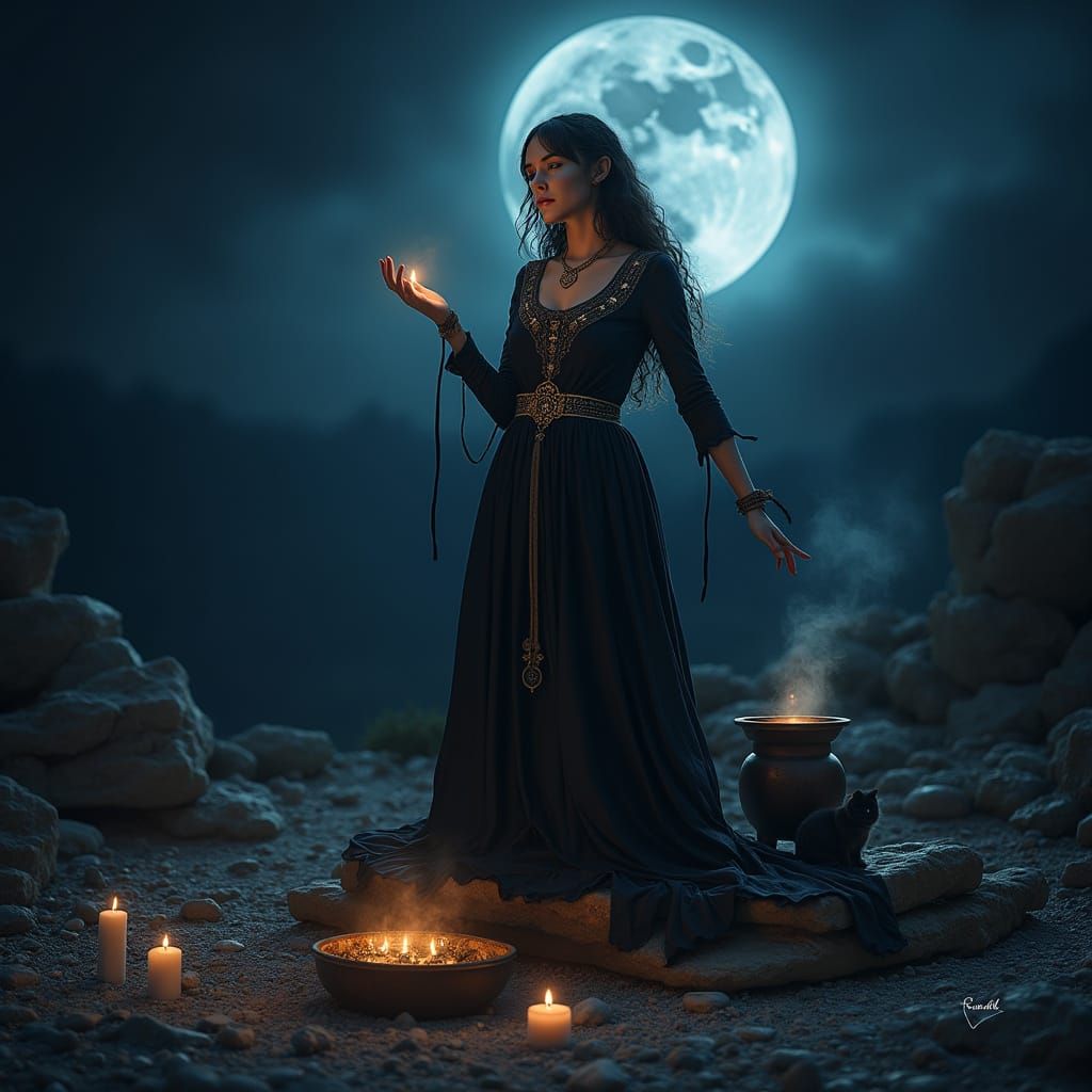 Mystical Wiccan Priestess Under the Silver Moon