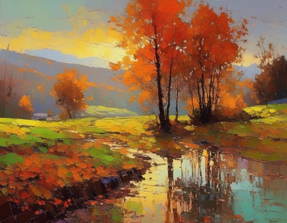 Autumn Landscape as Impasto Oil Painting