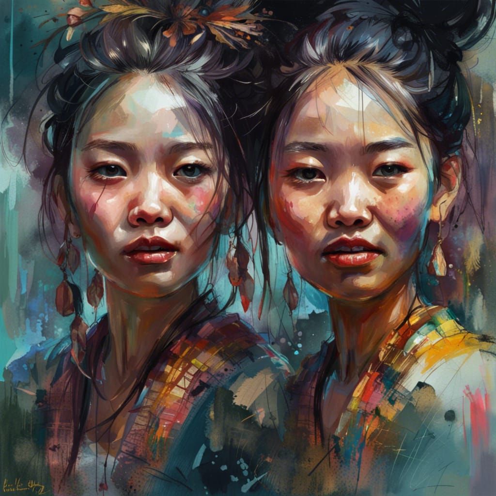 Happy Hmong Girls in Expressive Digital Portrait
