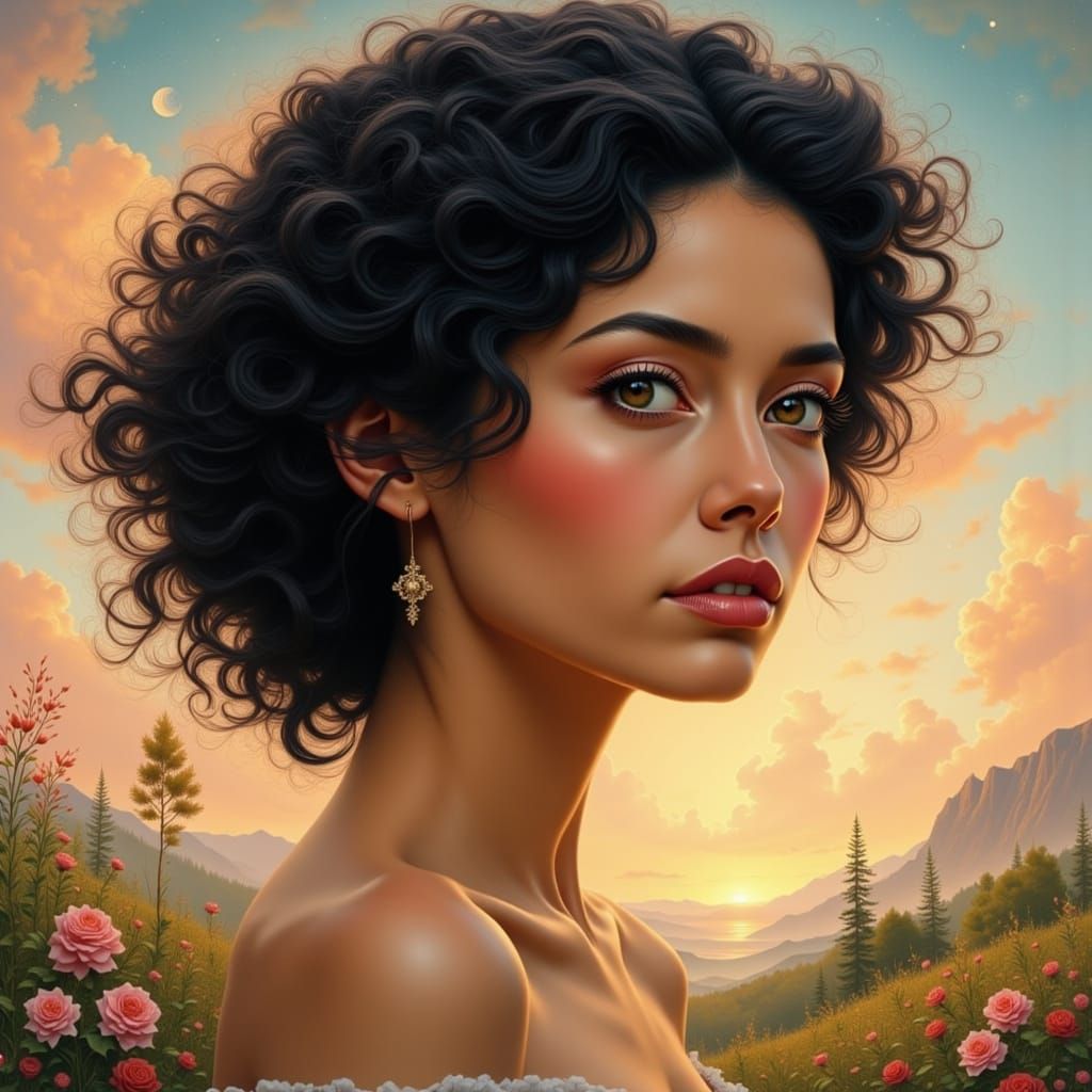 A woman with curly dark hair and hazel eyes stands in a vibr...