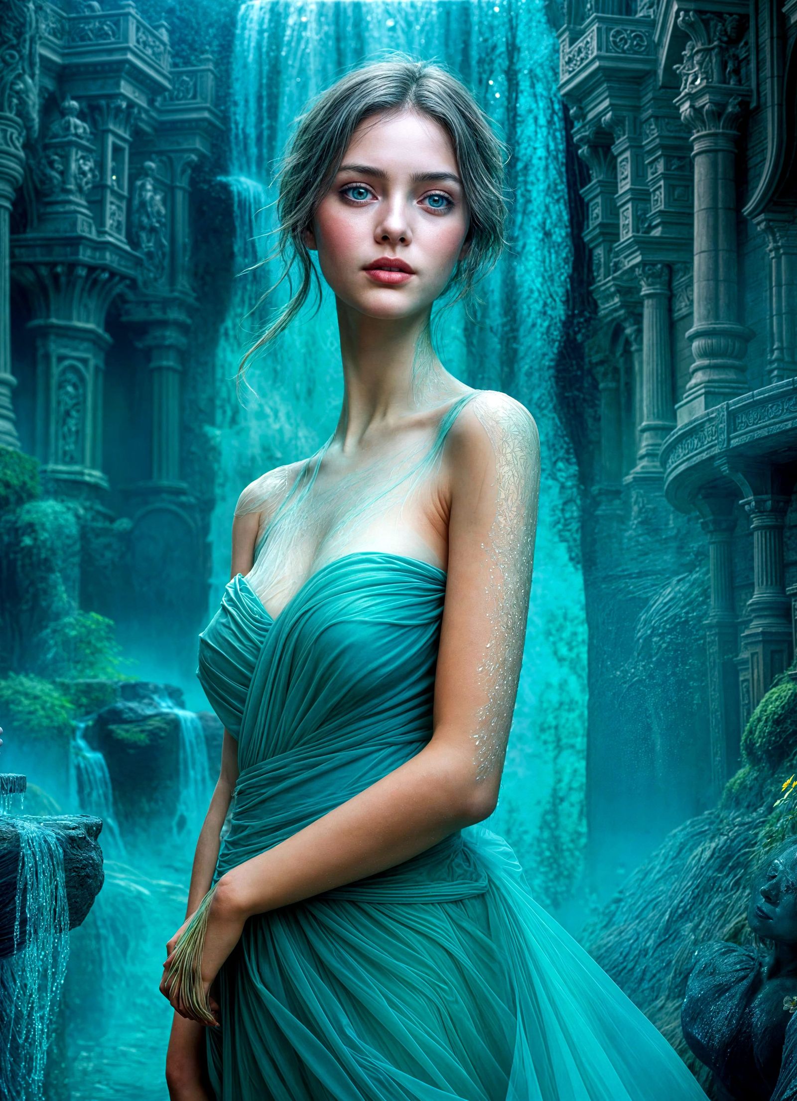 Ethereal Goddess in Mystical Waterfall Realm