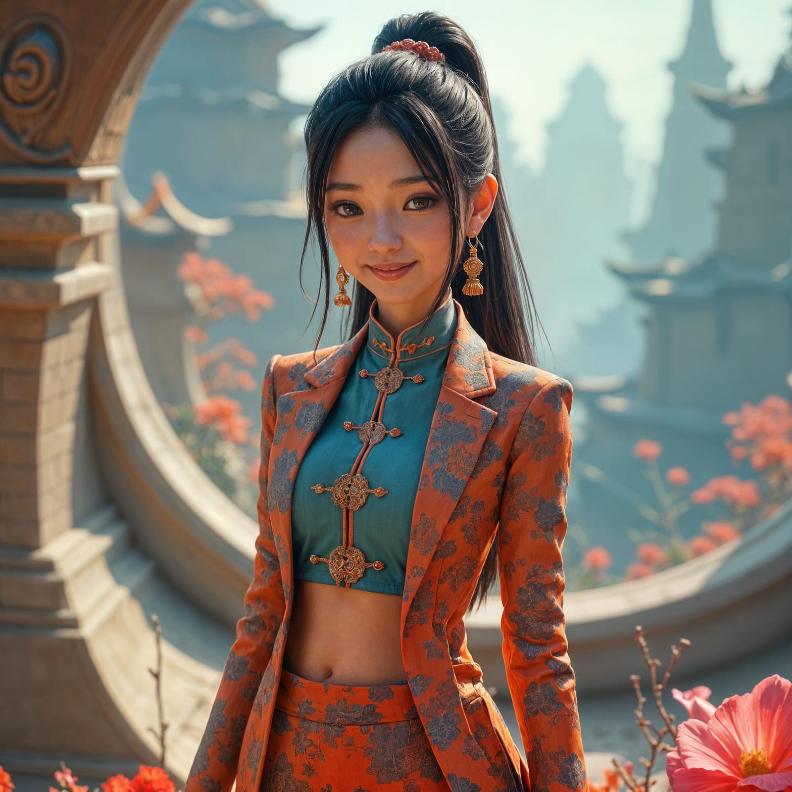 Smiling Asian Woman in Suit: Detailed Matte Painting