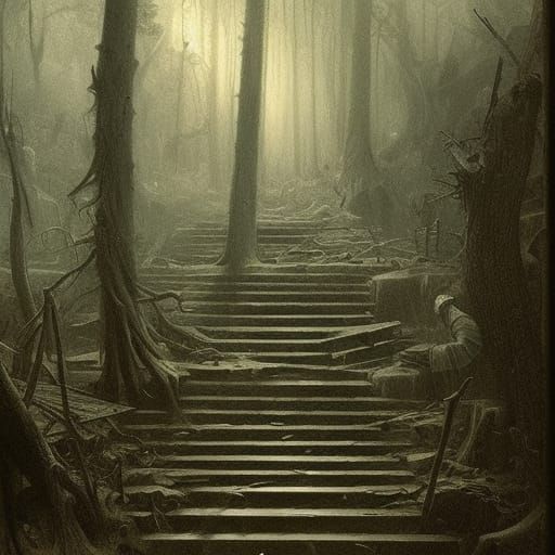 Horror Forest Stairs in Gustave Doré Style