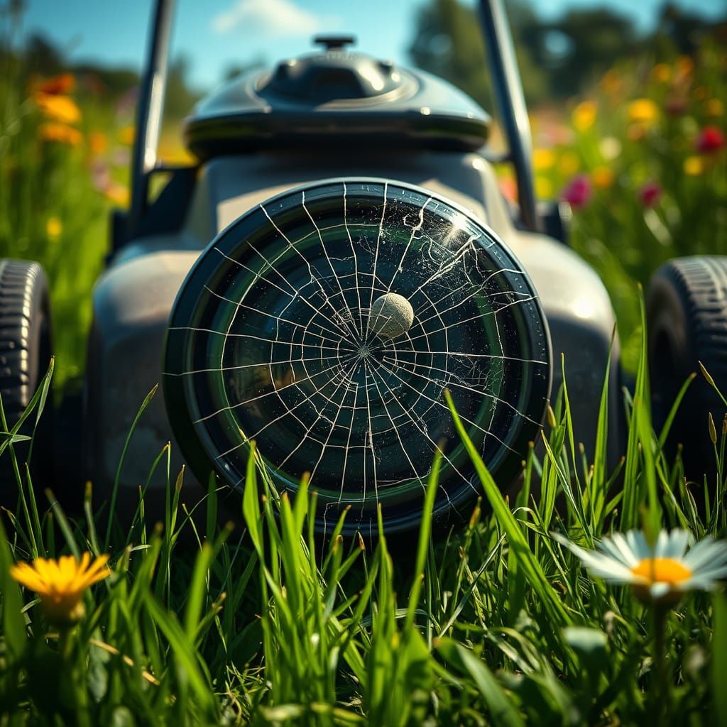 Cracked Lens: Hyperrealistic Lawn Mower Accident