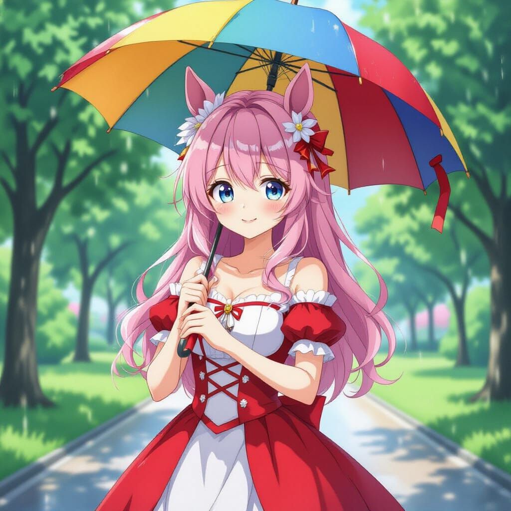 Anime Girl with Horse Ears in Rainy Park