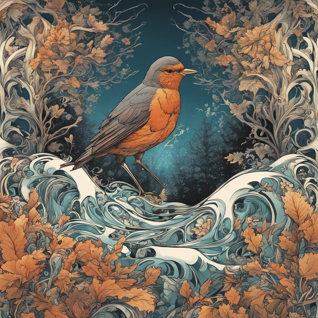 Psychedelic Art Nouveau Winter Poster with Robin