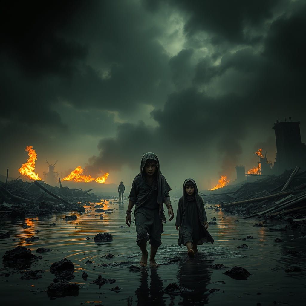 Post-Apocalyptic Ruins in a Desolate, Smoke-Filled World