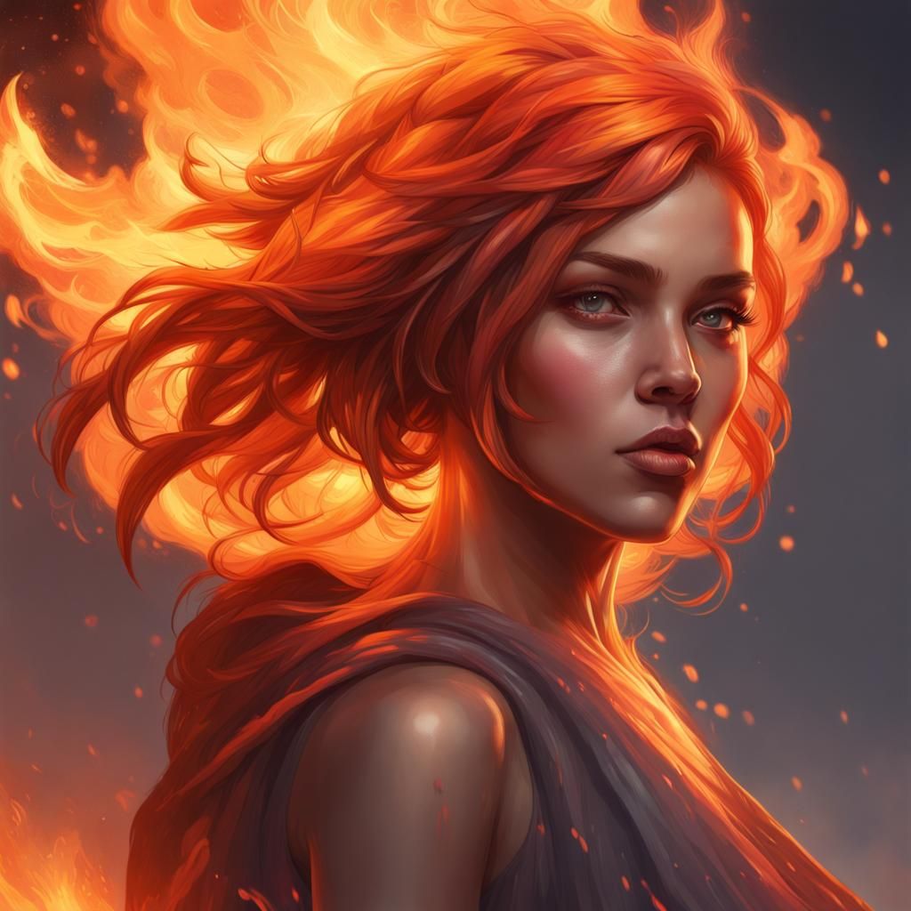 Volcanic Girl: Fiery Hair Portrait in Hyperdetailed Style