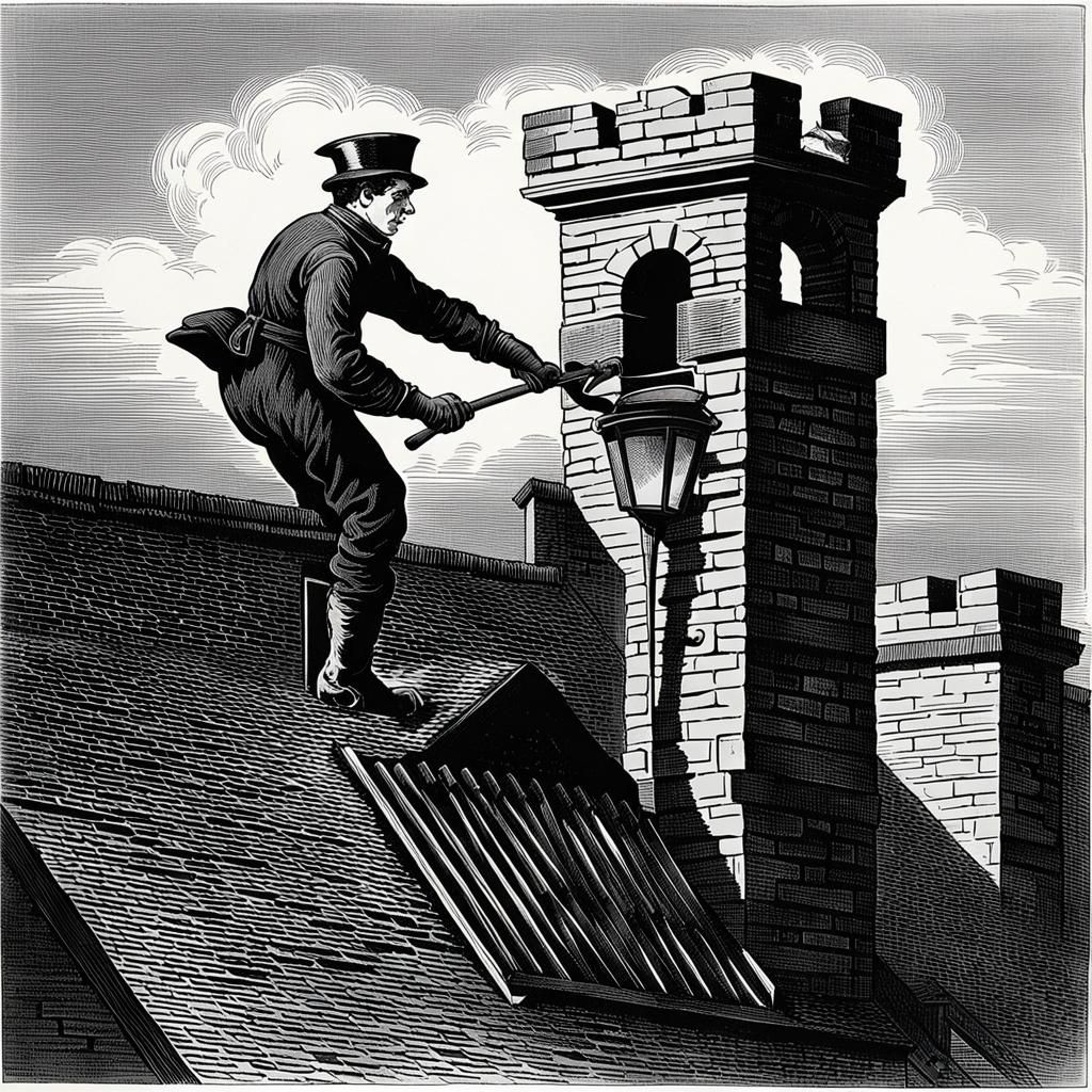 A chimney cleaner in 19th century gets out of a chimney on a rooftop