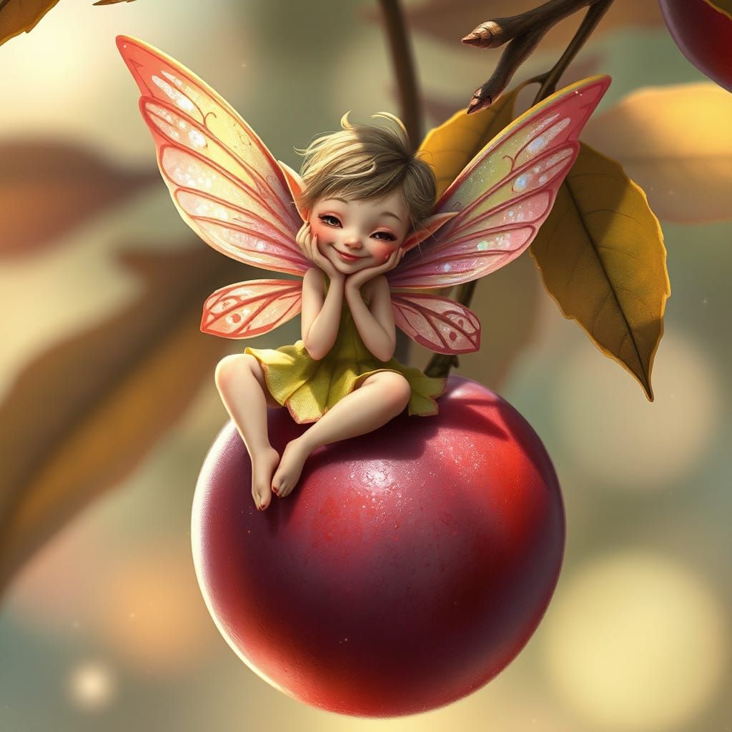 Whimsical Fairy Sits Upon a Plush Plum, Surrounded by Sparkl...