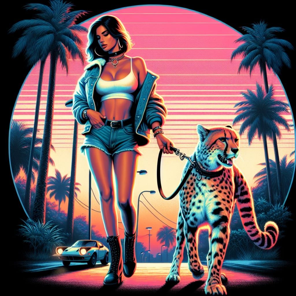 Woman Walks Cheetah at Sunset: Matte Oil Painting