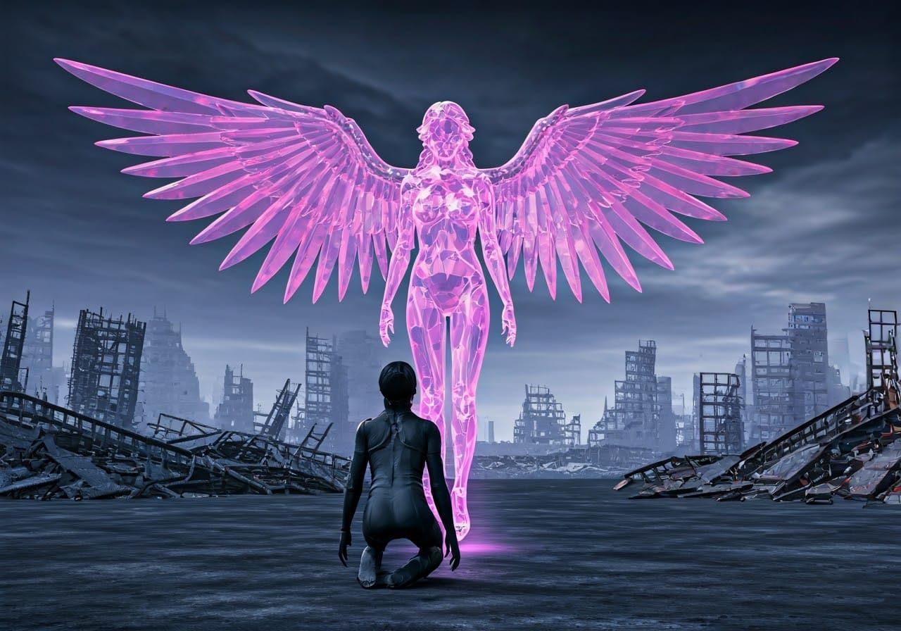 Cyborg Angel in Hyperrealistic Dystopian Wasteland