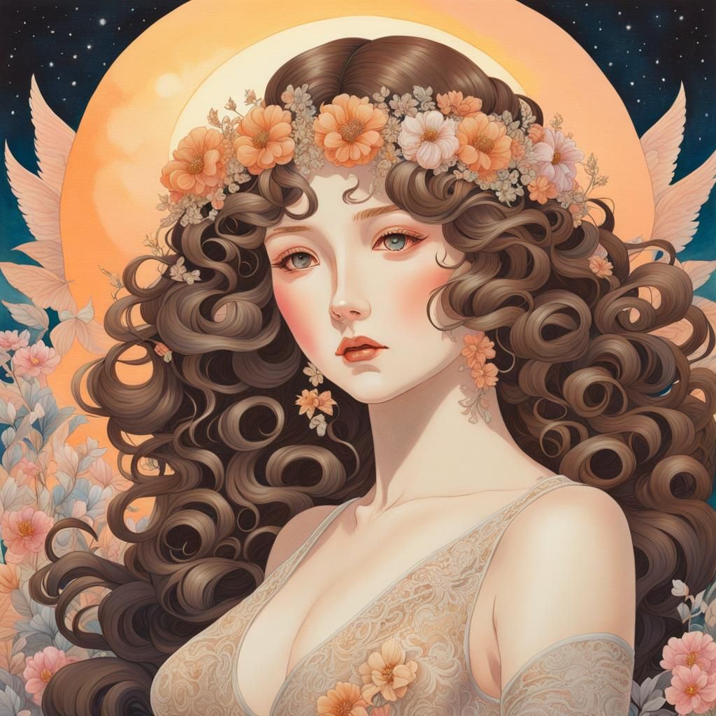 Persephone in 80s Anime Style with Lace Dress