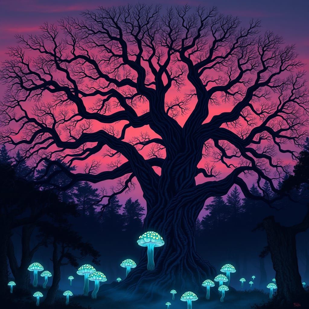 Ancient Tree with Bioluminescent Fungi in Dark Fantasy Style