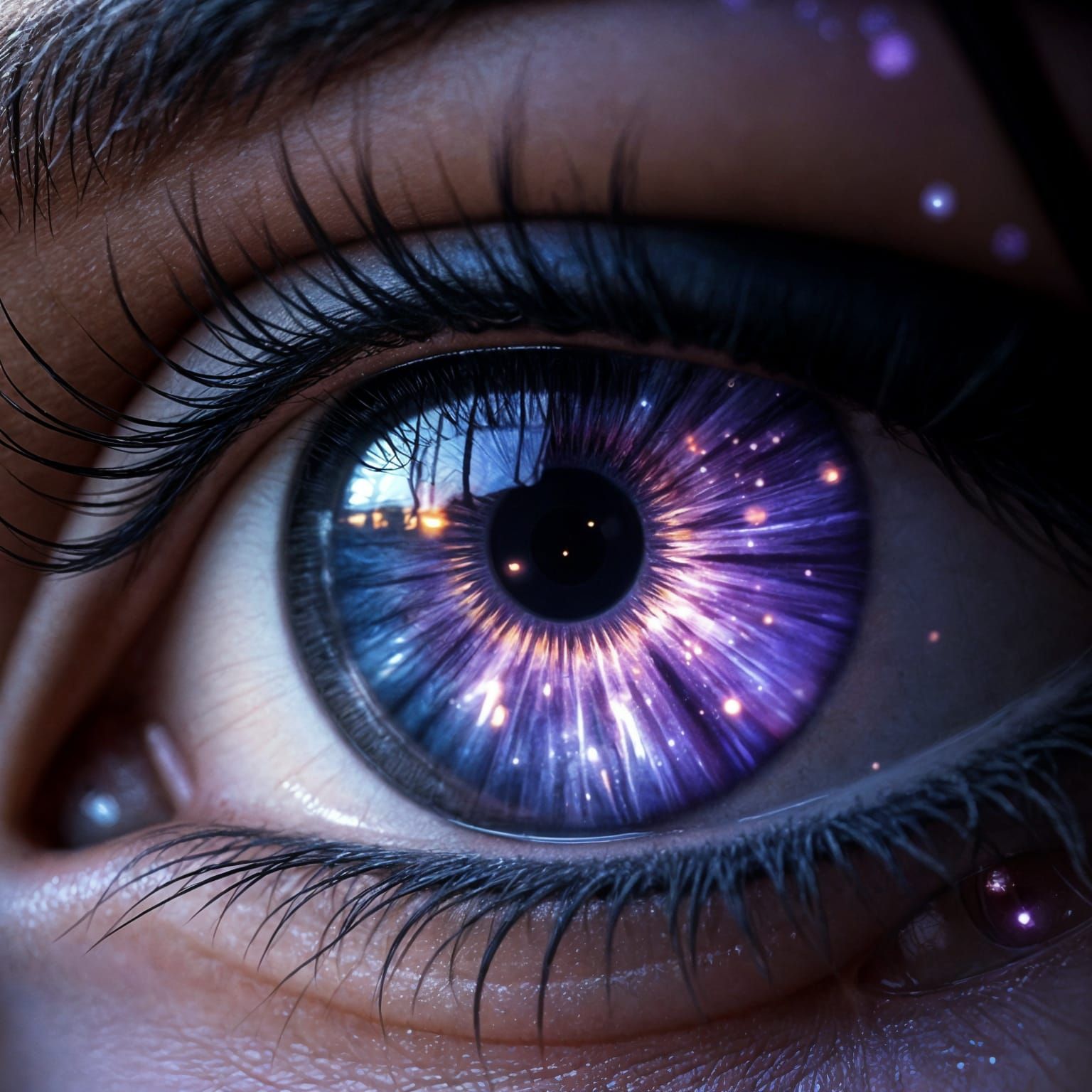 Hyper-Realistic Eye with Violet Iris Reflecting Fire