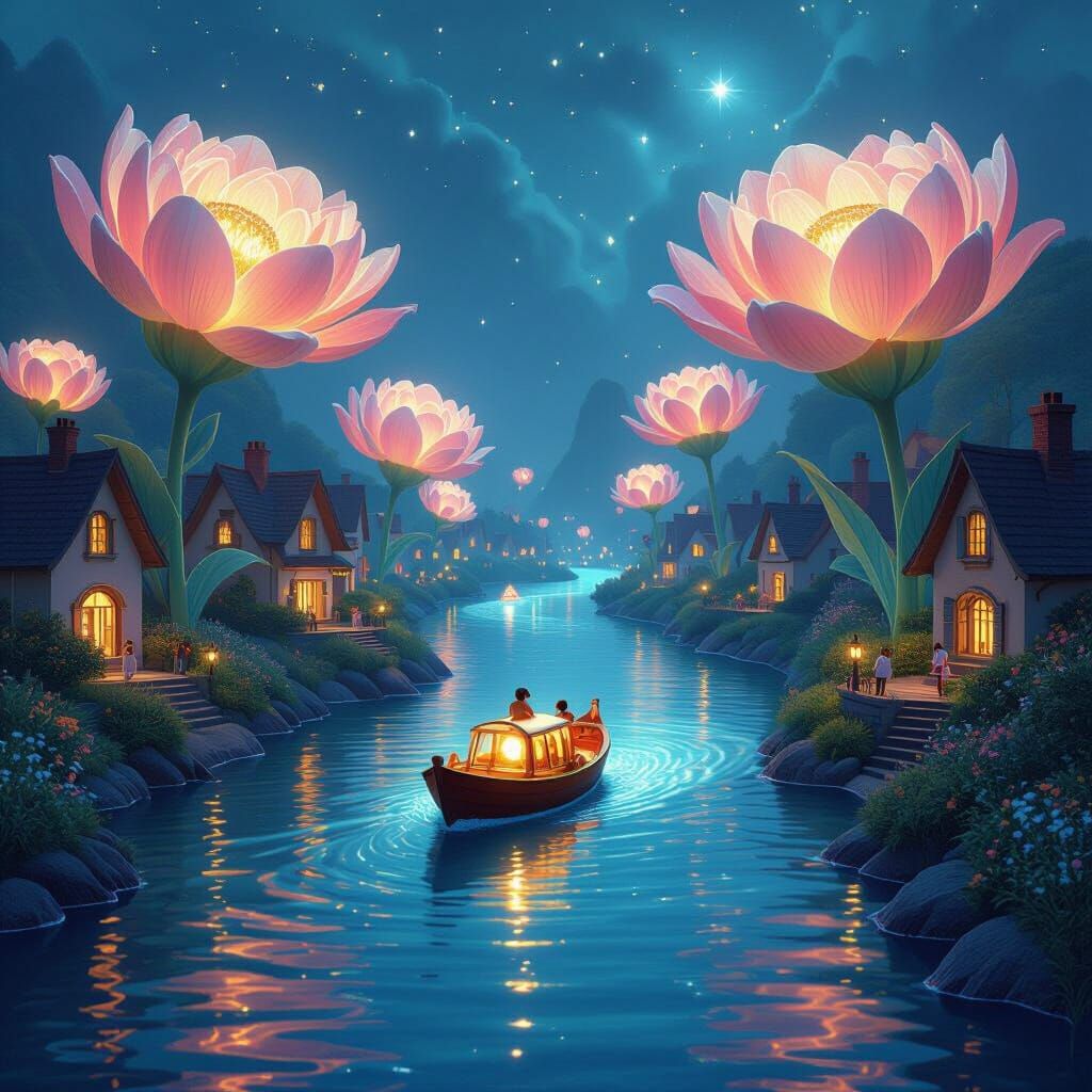 Glowing Boat Navigates Bioluminescent River, Surreal Photore...