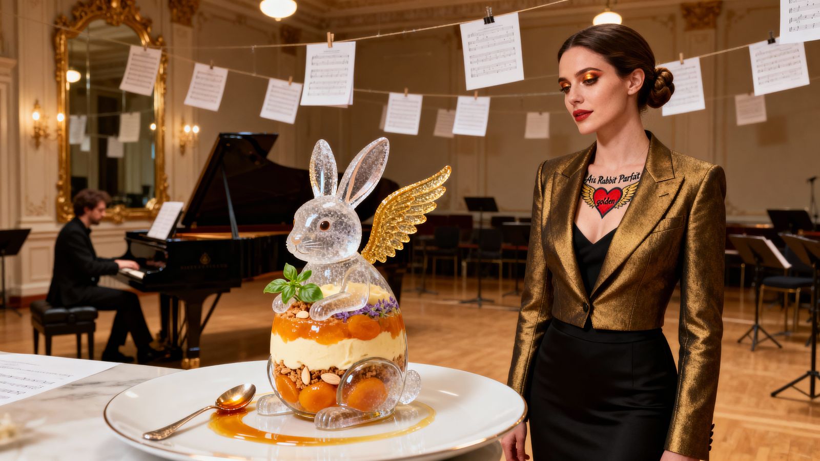 Ornate Rehearsal Room Scene with Elegant Woman and Dessert P...