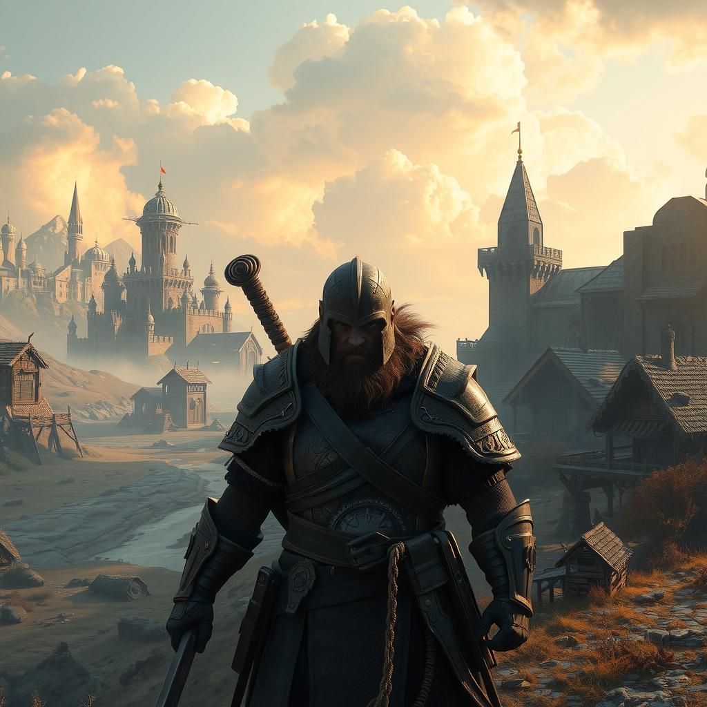 Epic Fantasy Landscape with Heroic Warrior