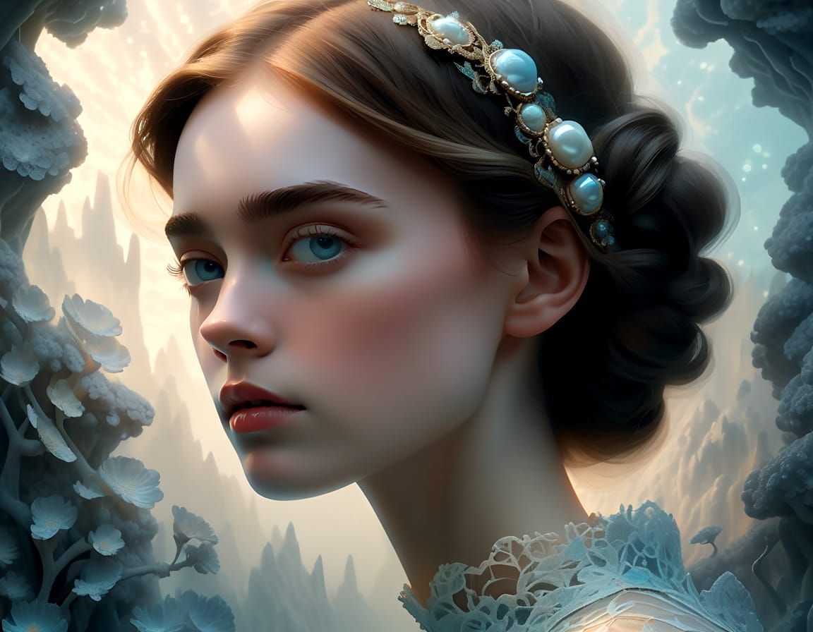 Ethereal Portrait of a Woman in Intricate Lace and Pearls