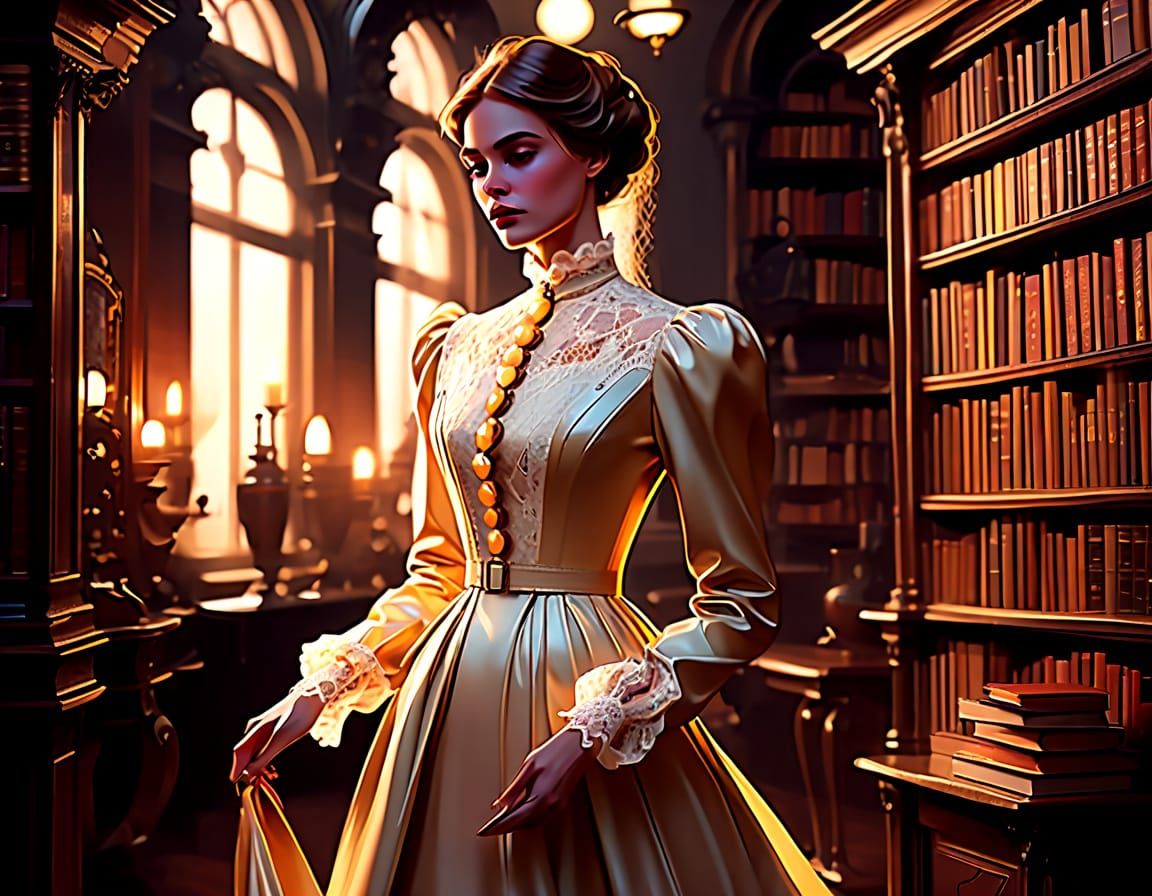 Elegant Victorian Lady Declares Empowerment in a Grand Study