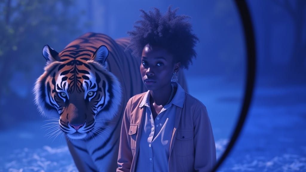 Hyperrealistic Portrait of Woman with Afro and Tiger Reflect...