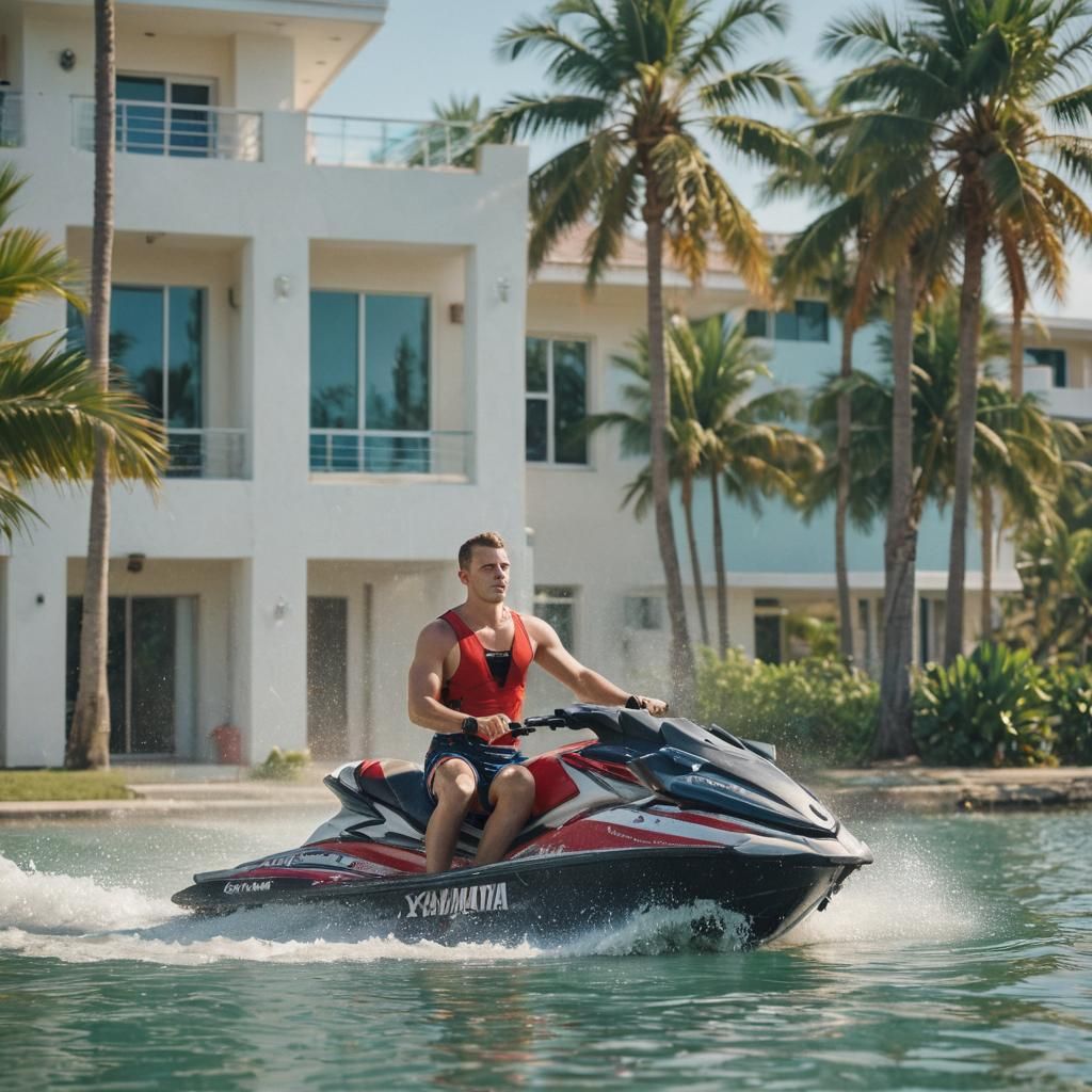 Slavic Boy on Jet Ski in Photorealistic Style