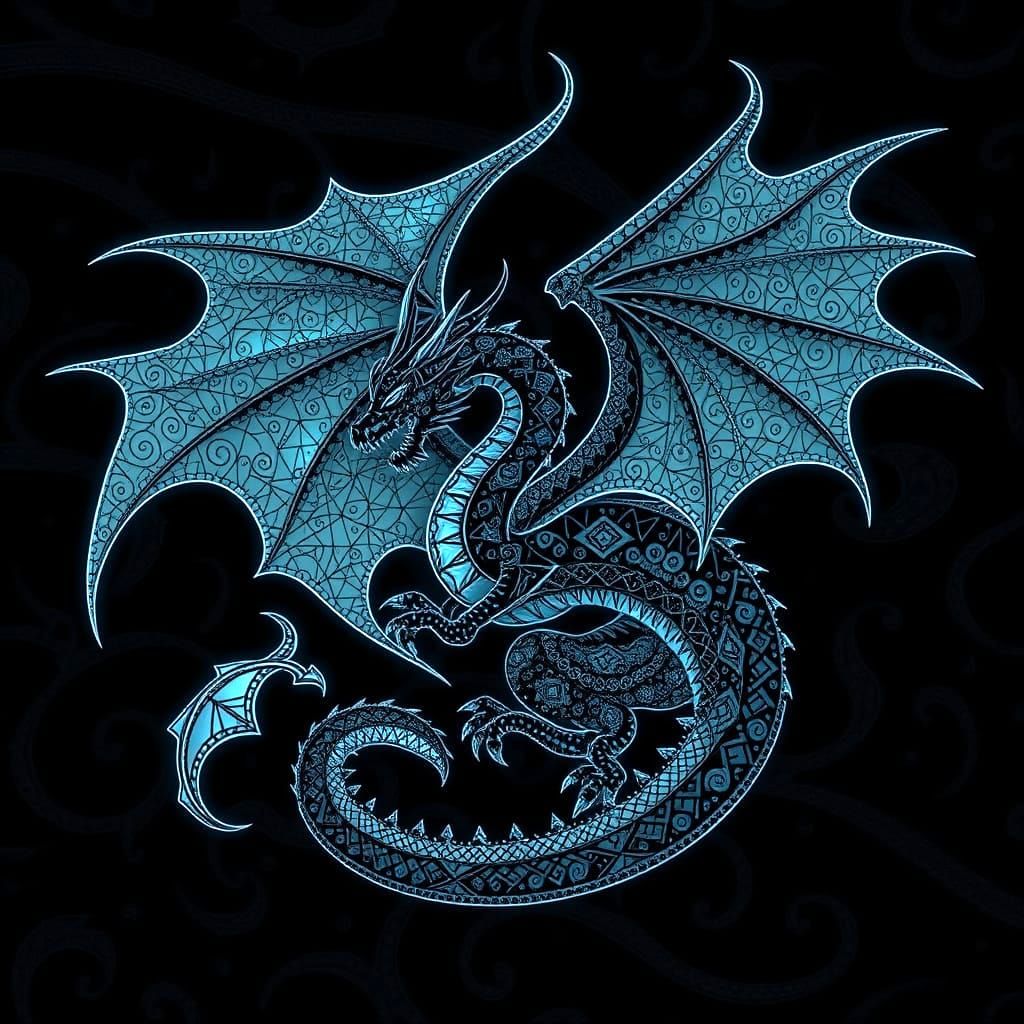 Bioluminescent Dragon with Filigree in Black Abstract Style