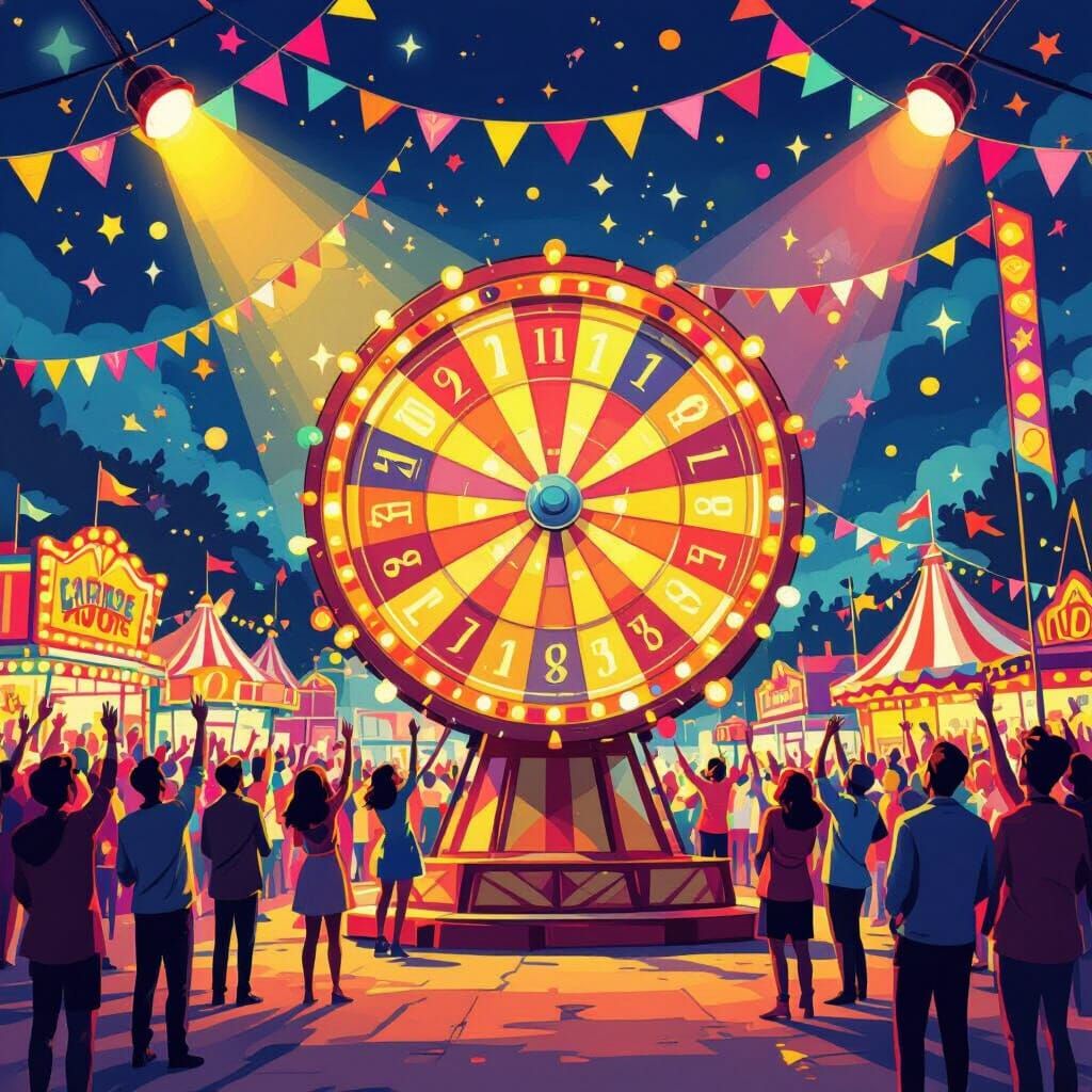 Bustling Carnival Lotto Raffle with Spinning Wheel