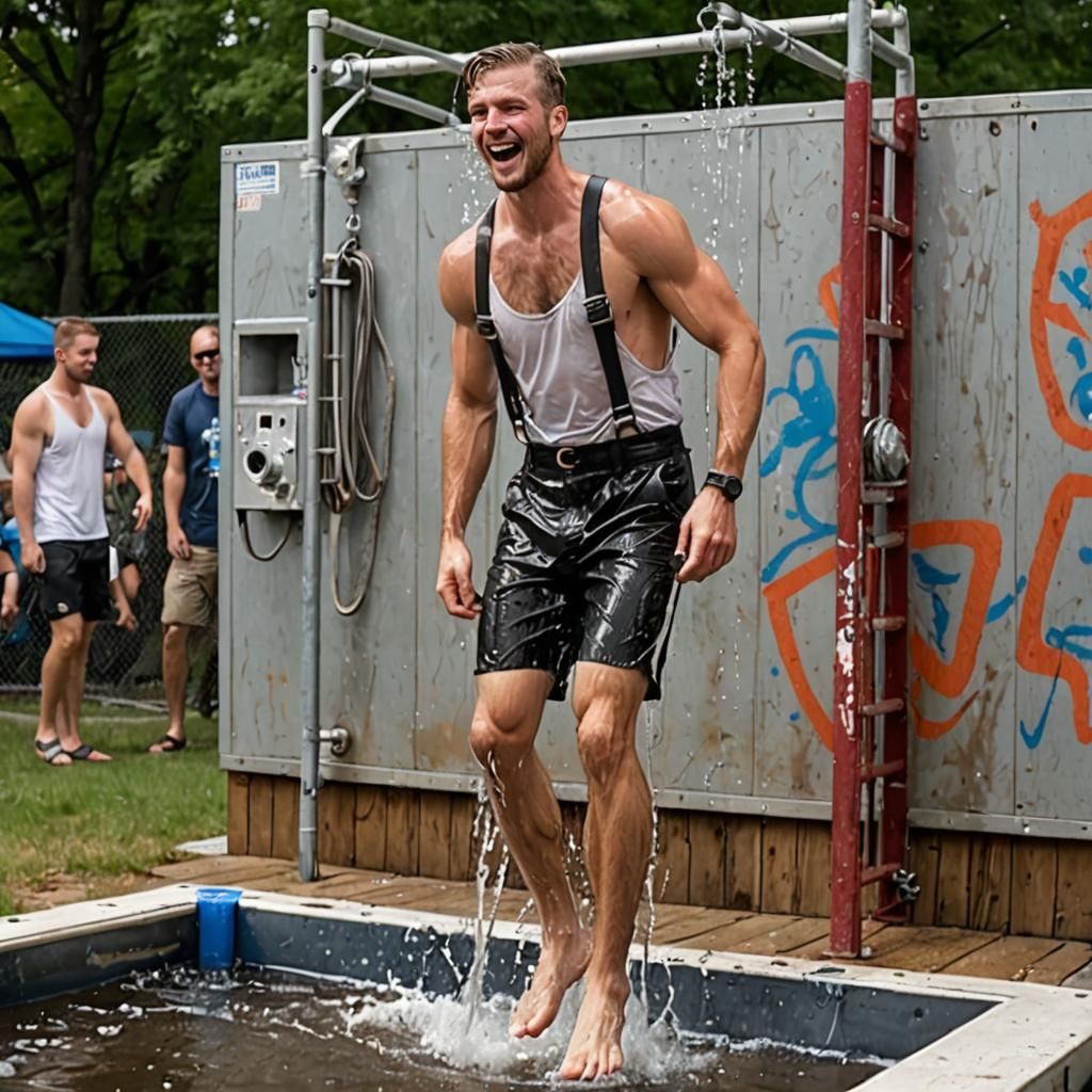 Shirtless Man in Dunk Tank with Suspenders