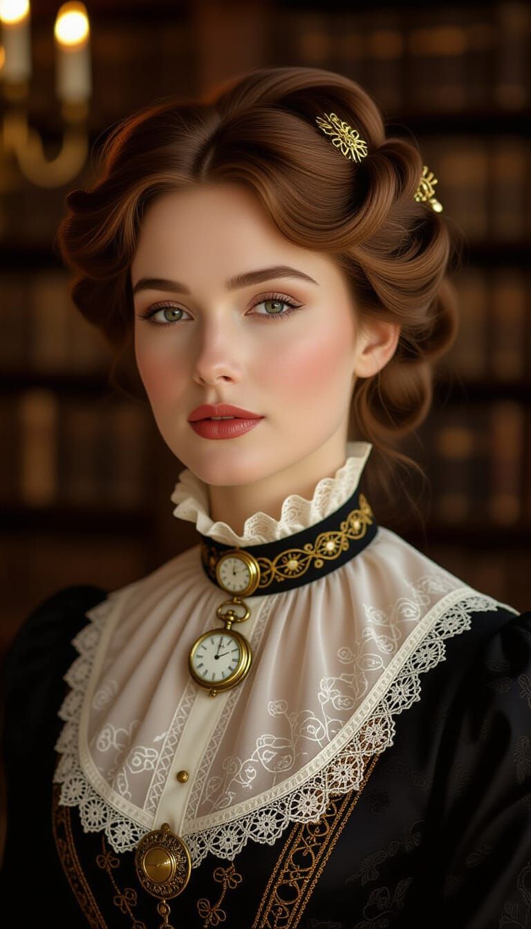 Serene Steampunk Portrait in Victorian Library