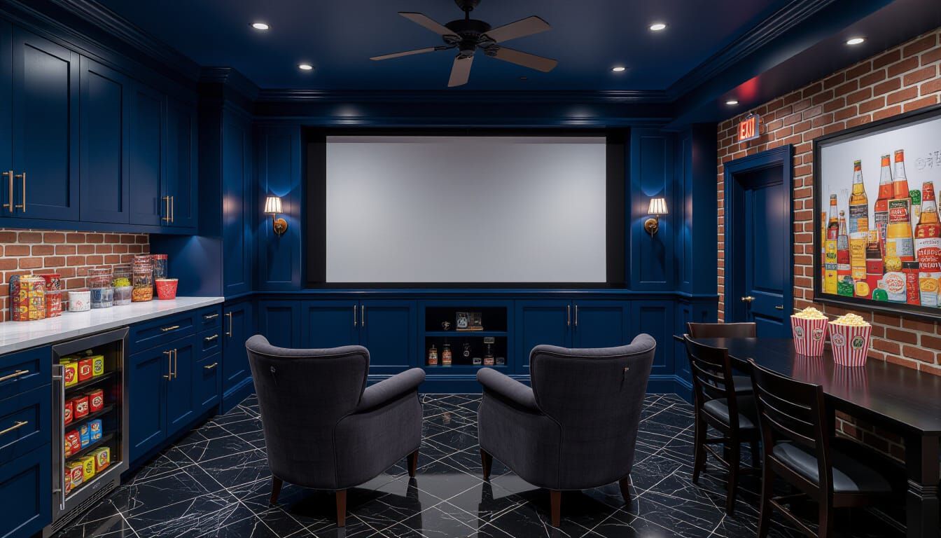 Victorian Movie Room with Dark Blue and Brick Accents