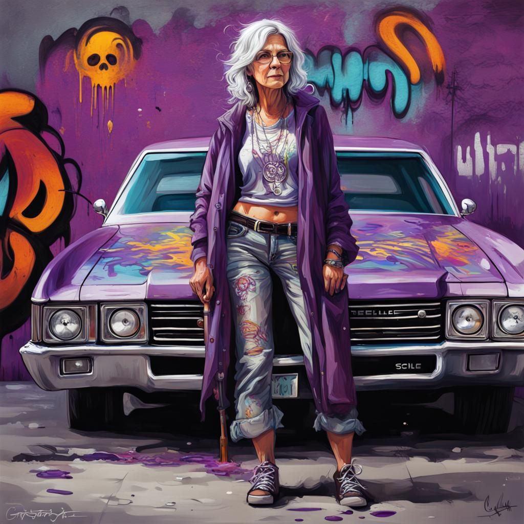 Hippie Woman and Purple Chevelle Graffiti Art