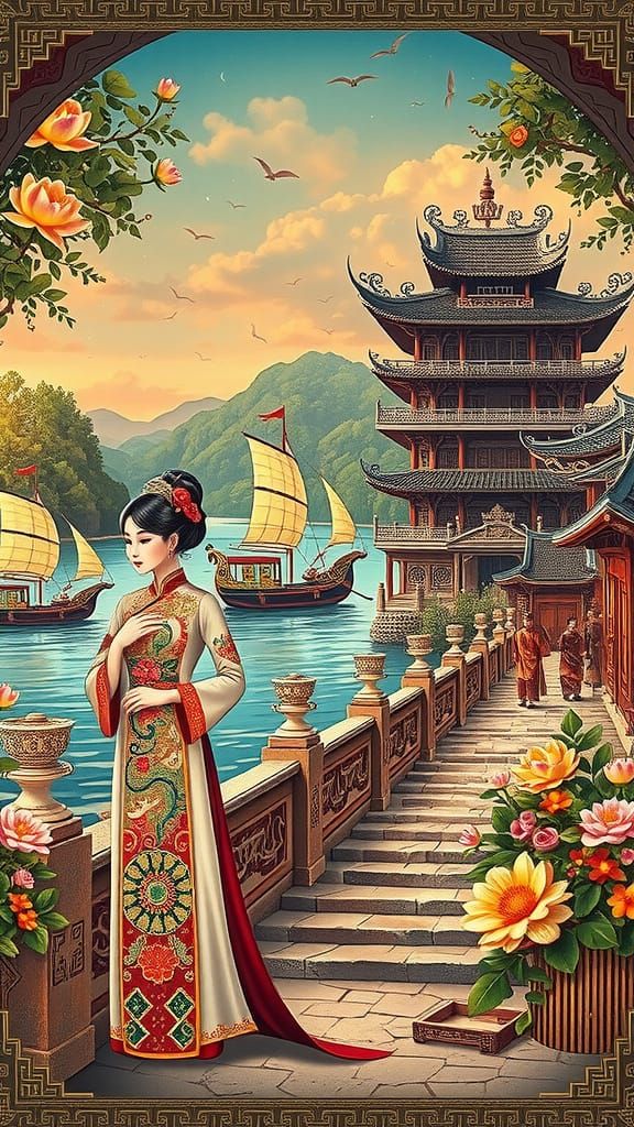 Regal Vietnamese Woman in Embroidered Ao Dai, Jade Jewelry, ...