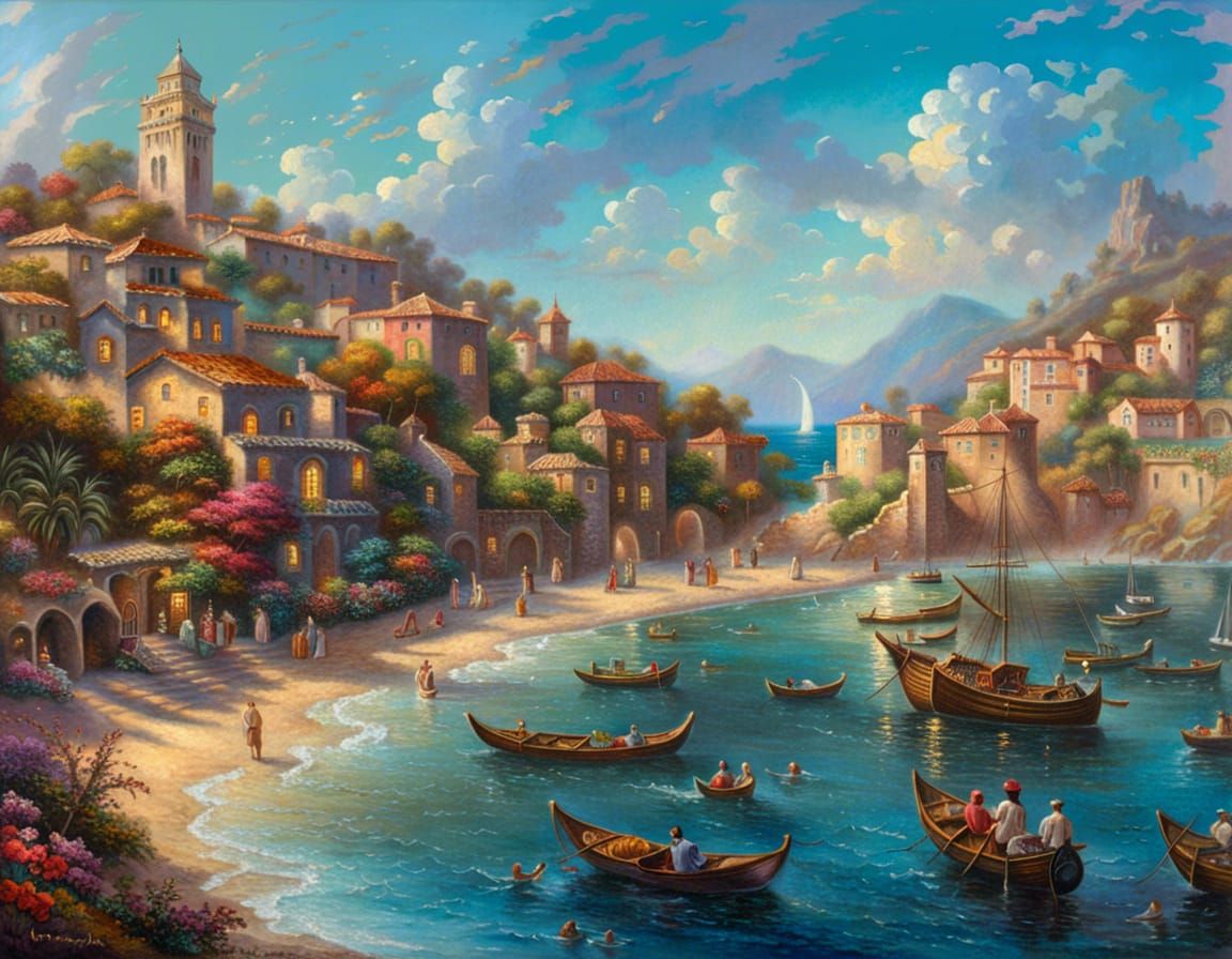 Mediterranean Beach in Kinkade Style