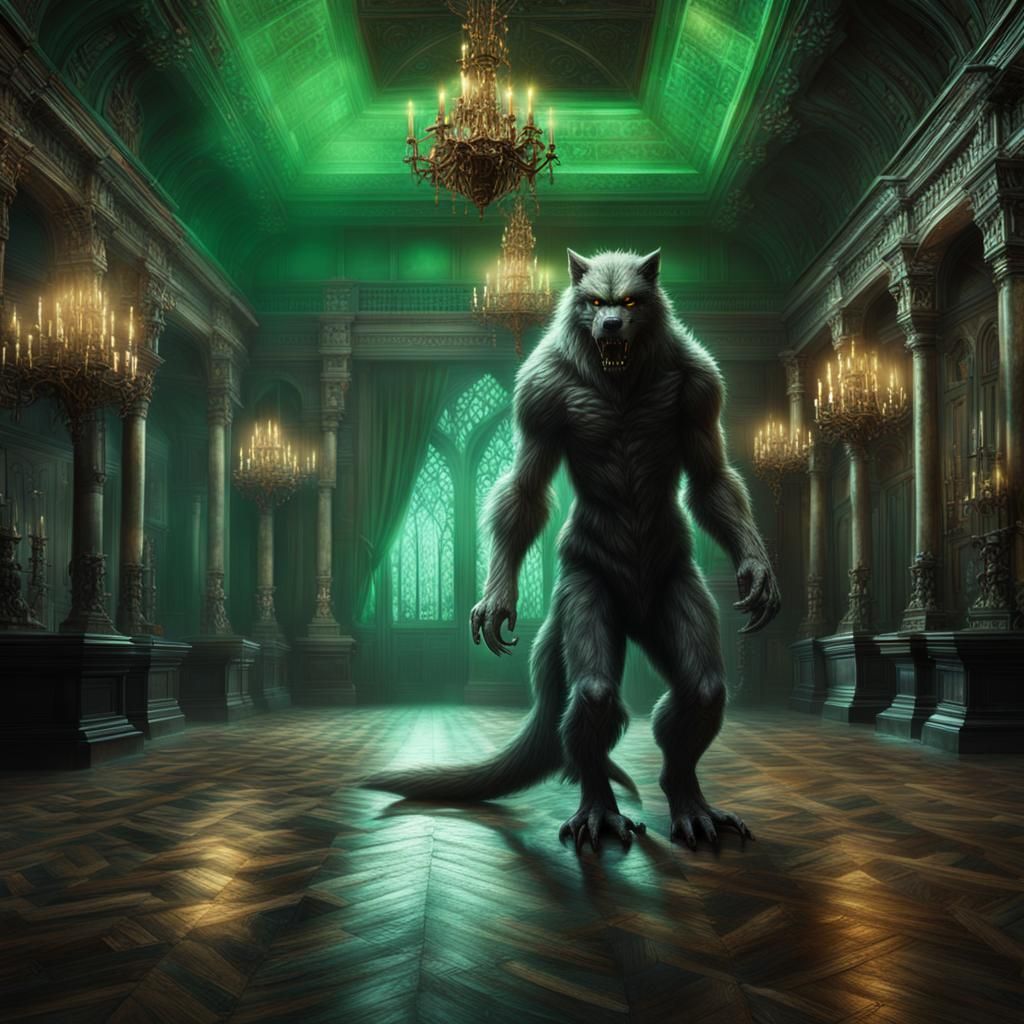 Realistic Werewolf in Gothic Ballroom Digital Painting