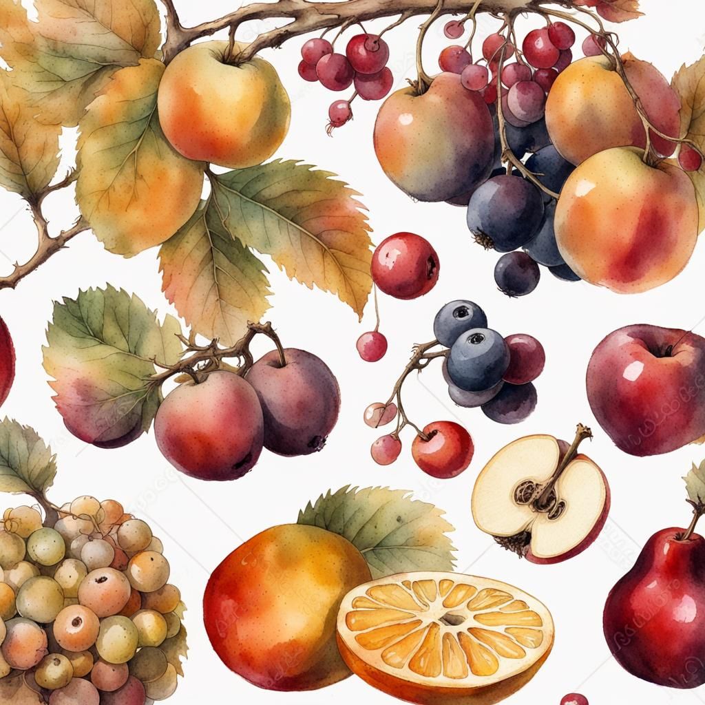 Autumn Fruit and Berry Ephemera in Watercolor Style