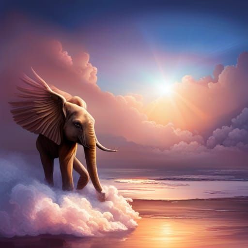 Winged Elephant Soaring Through Rainbow Sky