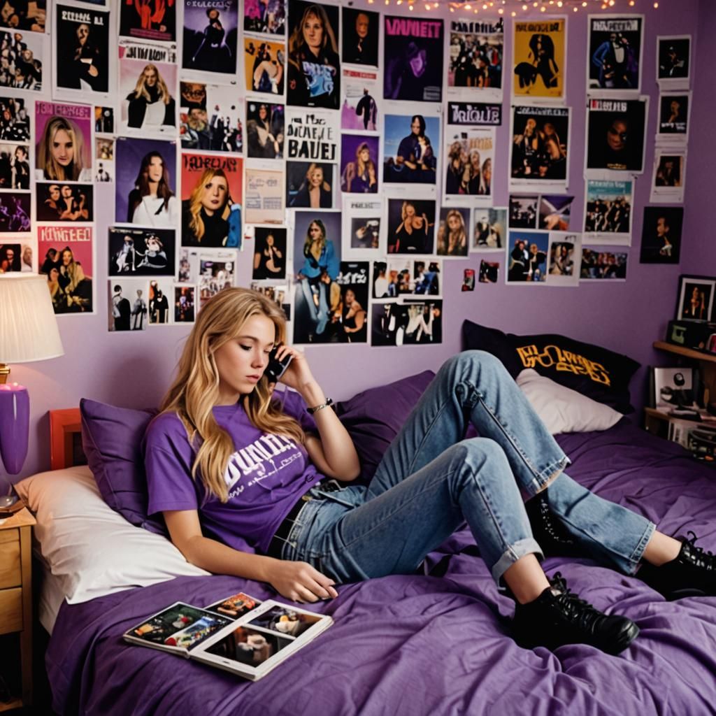 Teenage Girl with Flip Phone in Y2K Bedroom