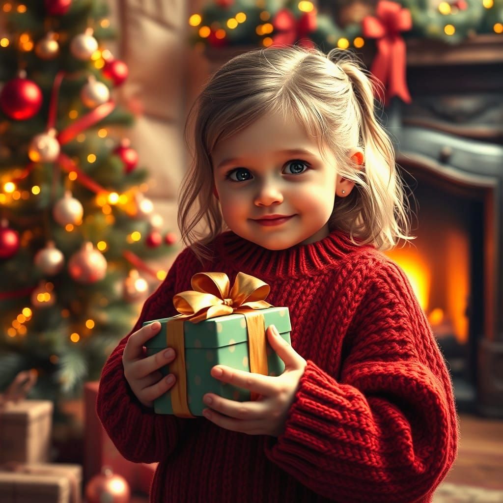 Little Girl Surrounded by Whimsical Christmas Magic
