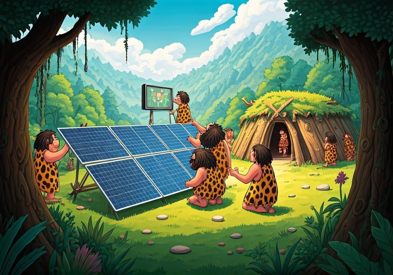 Prehistoric Fanzone: Cavemen Embrace Solar Power