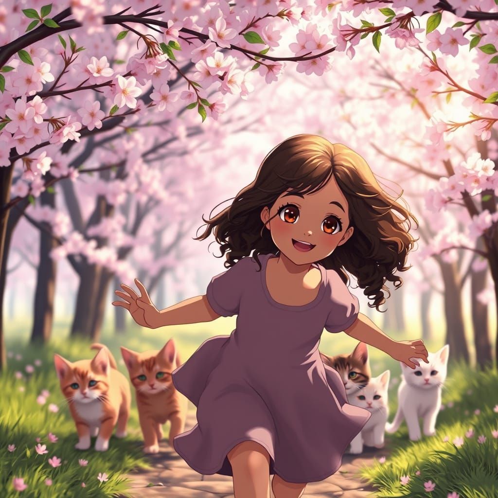 Joyful Girl and Kittens Among Cherry Blossoms