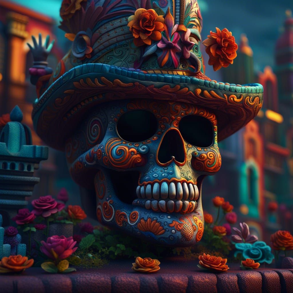 Vibrant Mexican City on Día de los Muertos Skull