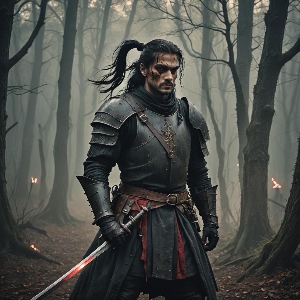 Dark Fantasy Knight Portrait in Cursed Forest