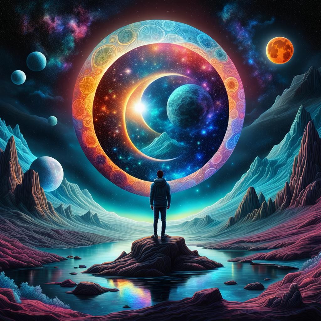 Holographic Lunar Eclipse in Cosmic Astral Illustration