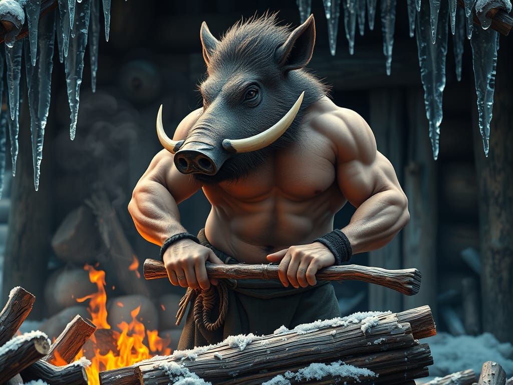 Boar-Headed Man Chopping Wood with Ornate Flourishes