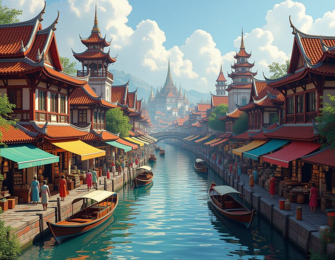 Vibrant Medieval Harbor City with Floating Markets
