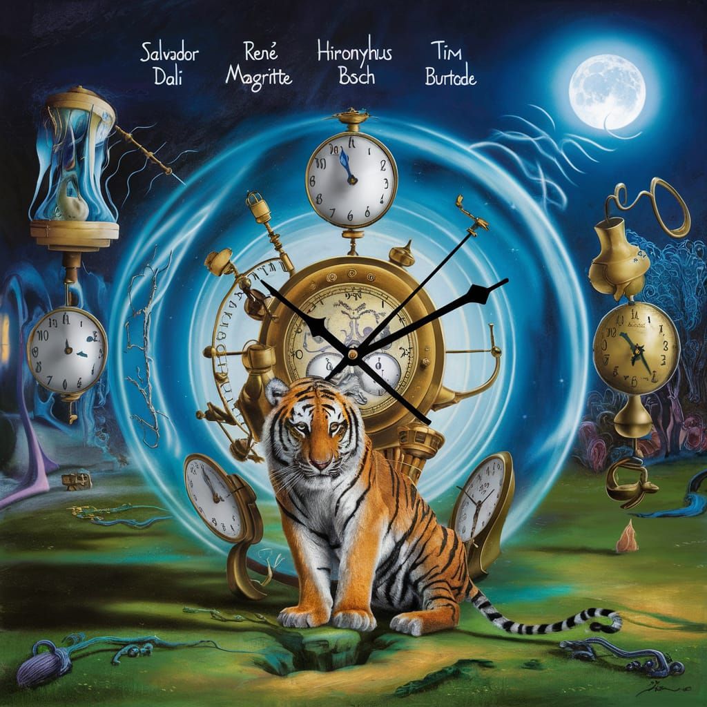 Surreal Timepiece: Tiger in Blueshift Wormhole