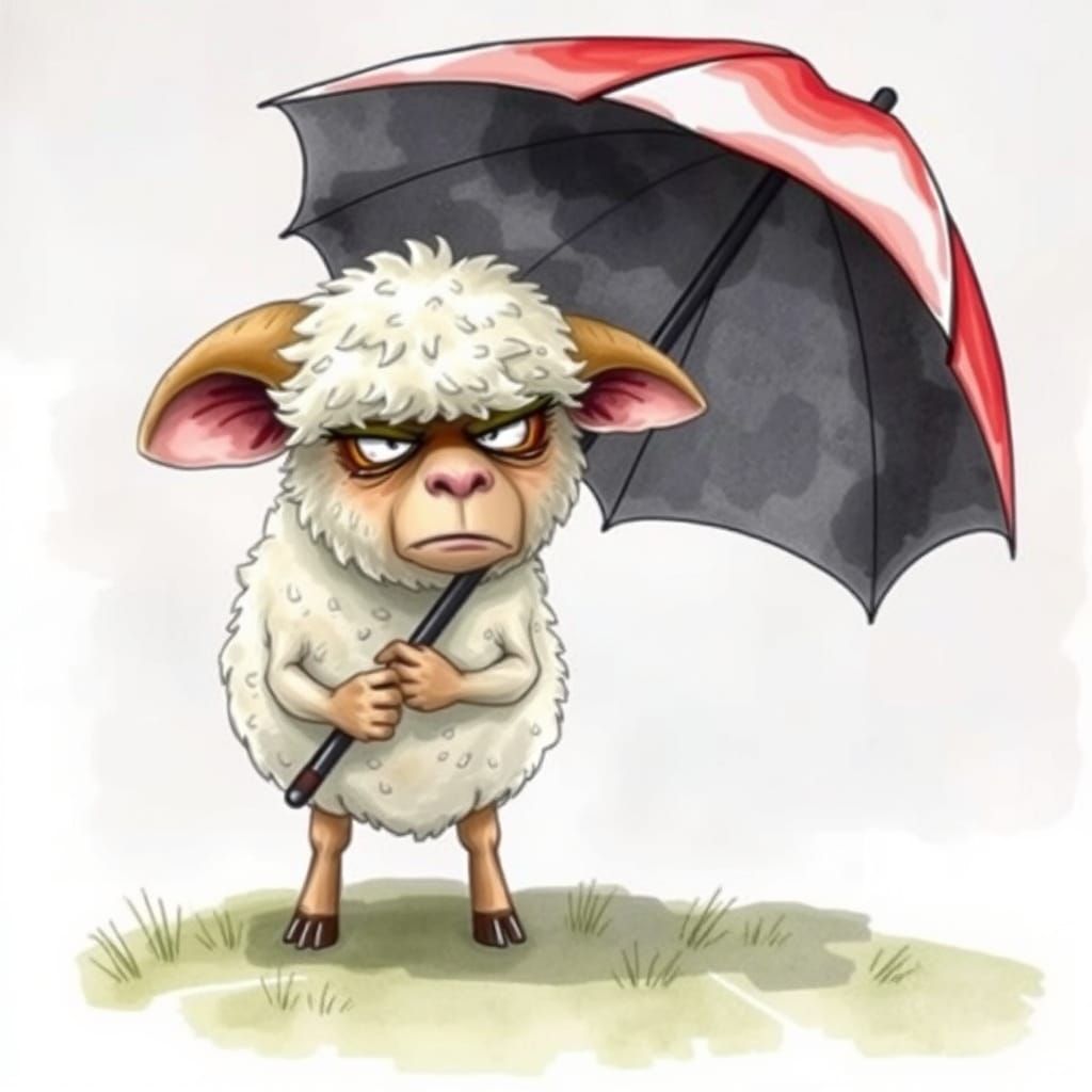 Angry Sheep with Umbrella in Watercolor Style